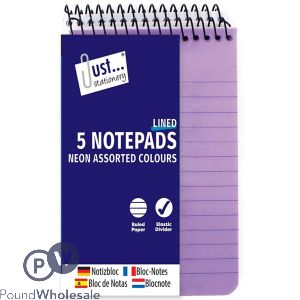 Just Stationery Assorted Colour 40 Sheet Ruled Neon Notepads 5 Pack