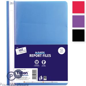 Just Stationery A4 Plastic Report Files 3 Pack Assorted Colours