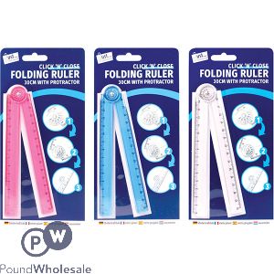 Just Stationery Click 'n' Close Folding Ruler & Protractor 30cm Assorted Colours
