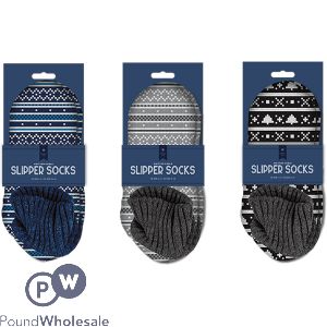 Farley Mill Men&#039;s Pattern Knitted Cable Cuffed Winter Slipper Socks Assorted