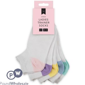 Farley Mill 4-7 Assorted Colour Ladies White Trainer Socks 5 Pack