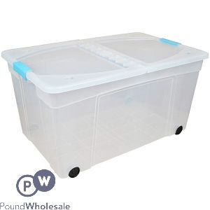 LARGE CLEAR CLIPPY STORAGE BOX WITH WHEELS &amp; FOLDING LID 110L