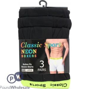 3pk Classic Sport Neon Button Fly Boxers Neon Strap With Black 3 Colours - Large