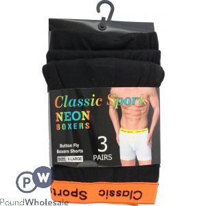 3pk Classic Sport Neon Button Fly Boxers Neon Strap With Black 3 Colours - Xlarge