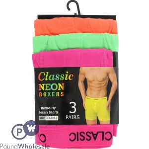 3pk Classic Full Neon Button Fly Boxers Neon Strap 3 Colours - Xlarge