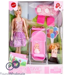 Fashion Mum Doll With Pram & Baby Play Set