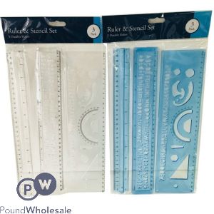 Ruler & Stencil Set Assorted Colours 3 Pack