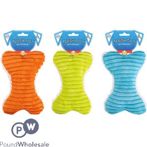 WORLD OF PETS SQUEAKY BONE PLUSH DOG TOY ASSORTED COLOURS