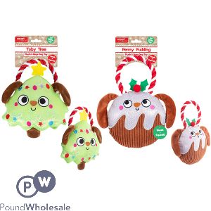 Smart Choice Squeaky Shiny Plush & Rope Christmas Dog Toy Assorted