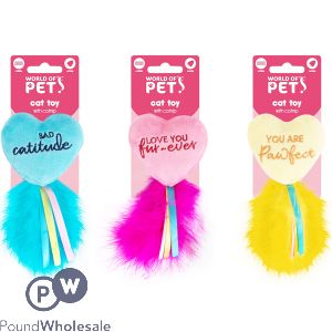 World Of Pets Catnip Heart Plush Feather Cat Toy Assorted Colours
