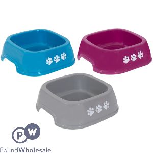 World Of Pets Square Plastic Pawprint Pet Bowl 750ml 3 Assorted Colours
