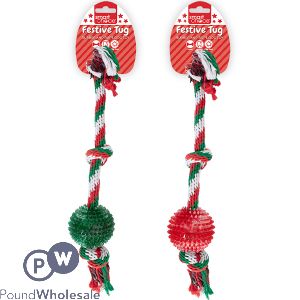 Smart Choice Christmas Rubber & Rope Ball Tug Dog Toy 52cm Assorted Colours