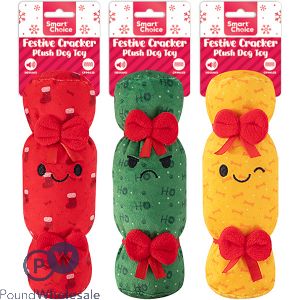 Smart Choice Christmas Squeaky Crinkle Festive Cracker Plush Dog Toy 28cm Assorted