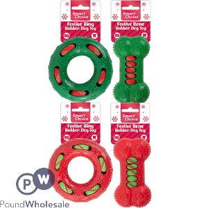 Smart Choice Christmas Festive Ring & Bone Rubber Rope Dog Toy Assorted