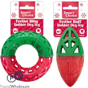 Smart Choice Christmas Squeaky Festive Rubber Ring & Rugby Ball Dog Toy Assorted