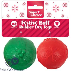 Smart Choice Christmas Squeaky Festive Rubber Ball Dog Toys 9cm 2 Pack