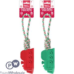 Smart Choice Christmas Squeaky Festive Rubber & Rope Train Dog Toy 35cm Assorted Colours