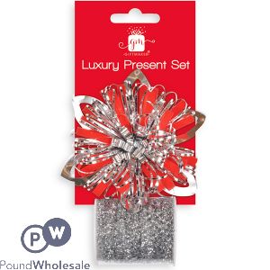 Giftmaker Luxury Silver Bow & Tinsel Christmas Present Set