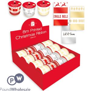 Giftmaker Printed Christmas Ribbon 8m Assorted Cdu