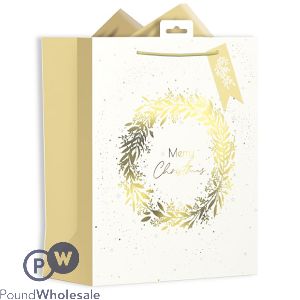 GIFTMAKER CHRISTMAS GOLD &amp; CREAM WREATH GIFT BAG LARGE