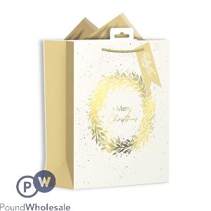 GIFTMAKER CHRISTMAS GOLD &amp; CREAM WREATH GIFT BAG MEDIUM