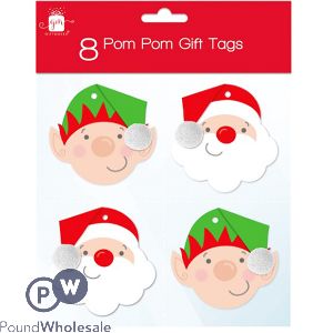 GIFTMAKER POM POM CHRISTMAS GIFT TAGS 8 PACK ASSORTED