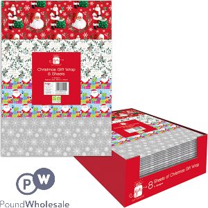 Giftmaker Christmas Assorted Gift Wrap Sheets 8 Pack 50cm X 50cm Cdu