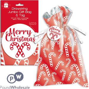Giftmaker Christmas Candy Cane Drawstring Jumbo Gift Bag & Tag 46cm X 70cm