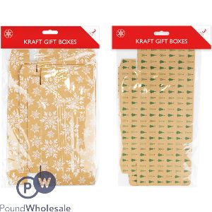 Christmas Kraft Printed Flat-pack Gift Boxes 3 Pack Assorted