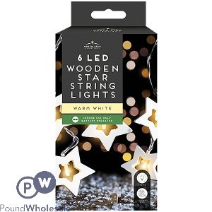 Christmas 6 Led Wooden Star Warm White String Lights 1.5m