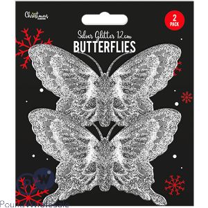 Christmas Silver Glitter Butterfly Decorations 2 Pack