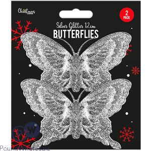 CHRISTMAS SILVER GLITTER BUTTERFLY DECORATIONS 2 PACK