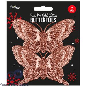 Christmas Rose Gold Glitter Butterfly Decoration 2 Pack