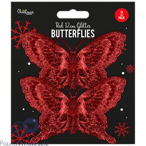 CHRISTMAS RED GLITTER BUTTERFLY DECORATIONS 2 PACK