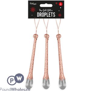 Christmas Rose Gold Glitter Droplet Decorations 3 Pack