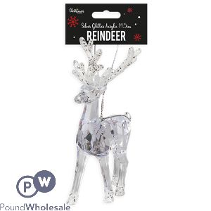 Christmas Silver Glitter Acrylic Reindeer Decoration 14.5cm