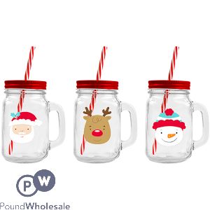 Christmas Glass Mason Jar & Straw Assorted