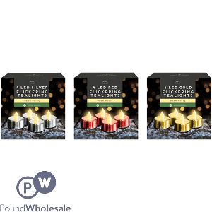 Christmas Led Metallic Flickering Tea Lights 4 Pack Cdu Assorted Colours