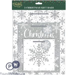 Christmas Assorted Silver Glitter Gift Bags 3 Pack