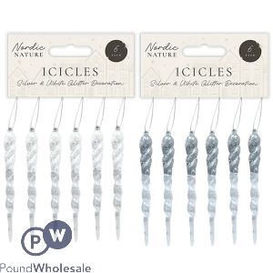 Christmas Silver & White Acrylic Glitter Icicles 13cm X 1cm 6 Pack Assorted Colours