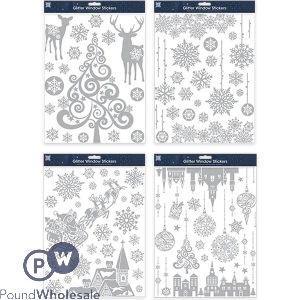 Christmas Silver Glitter Window Stickers Set Assorted