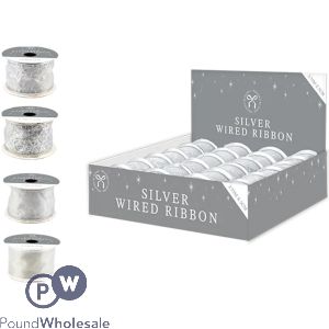 Christmas Wired Silver Ribbon 5cm X 2.75m Assorted Cdu