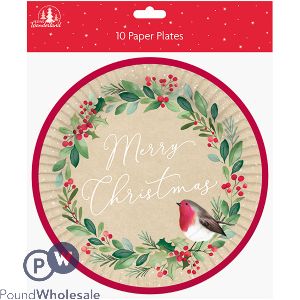 FESTIVE WONDERLAND HOLLY &amp; ROBIN PAPER PLATES 10 PACK