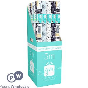 GIFTMAKER MALE MIX RECYCLABLE GIFT WRAP 4 ASSORTED 3M CDU