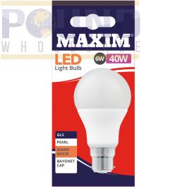 MAXIM LED LIGHT BULB 6W=40W GLS PEARL WARM WHITE BAYONET CAP