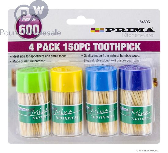 PRIMA DOUBLE SIDED BAMBOO TOOTHPICK CANISTERS ASSORTED 150PC 4 PACK