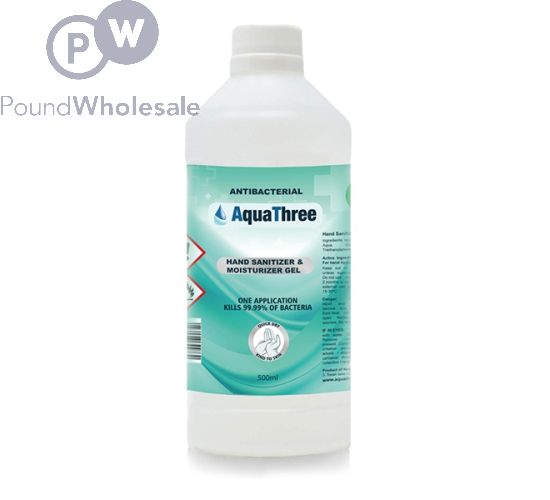 AQUATHREE 70% ALCOHOL ANTIBACTERIAL HAND SANITISER & MOISTURISER GEL 500ML