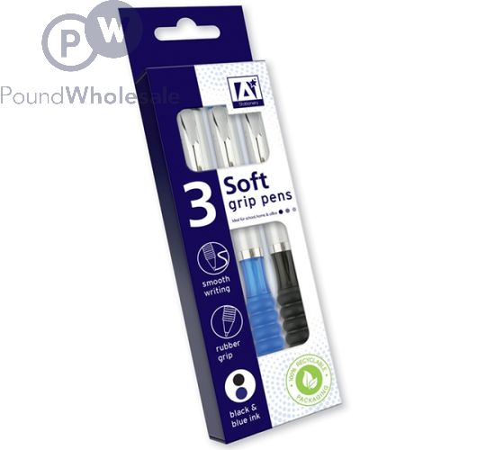 SOFT GRIP PENS ASSORTED COLOURS 3 PACK