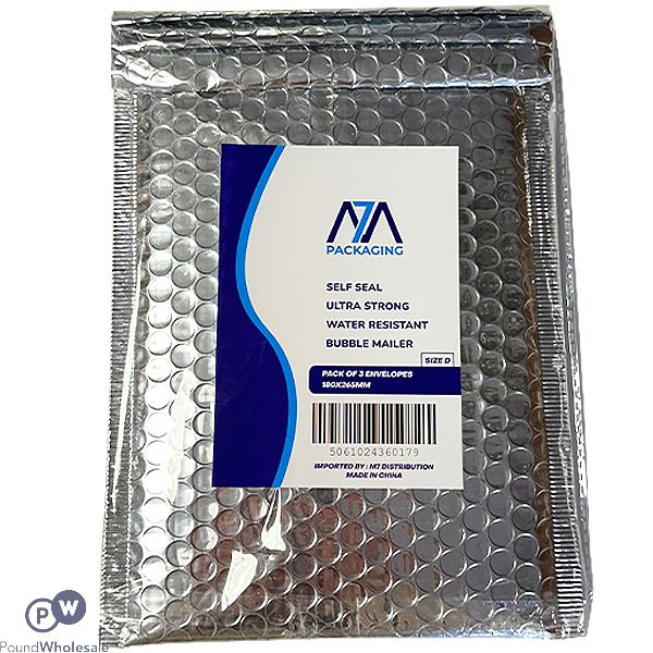Size D Silver Metallic Bubble Water-resistant Mailing Bags 3 Pack 180mm X 265mm