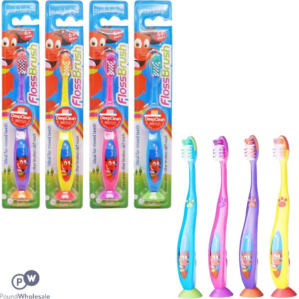 Brush Baby 6+ Flossbrush Deep Clean Kids Toothbrush Cdu Assorted Colours